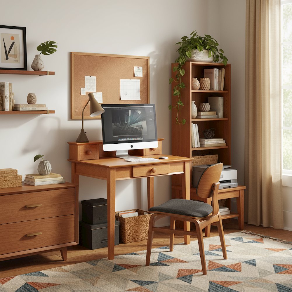 Solid Wood Computer Desk With Hutch, Honey Brown Art Desk With Storage. Picture 2