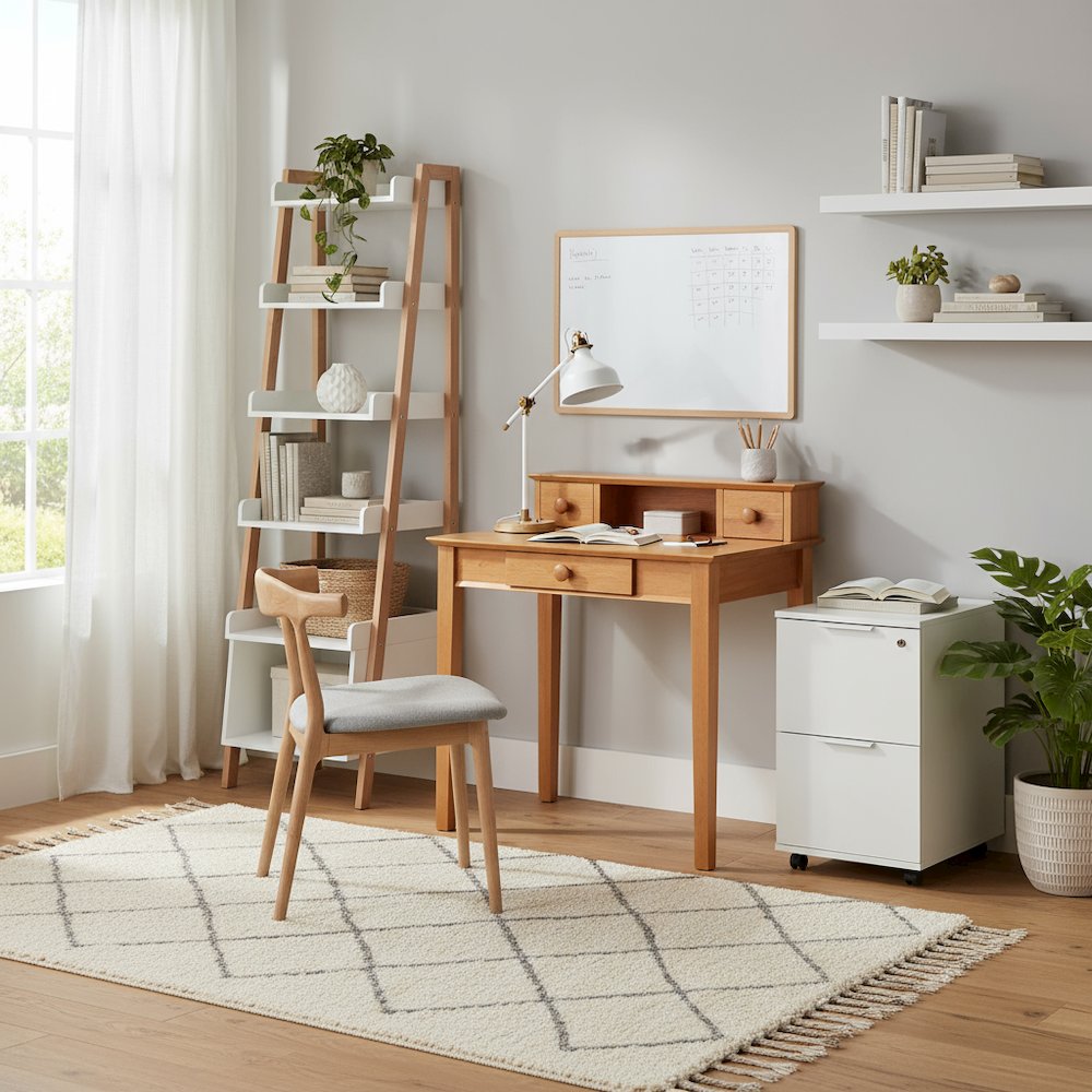 Solid Wood Computer Desk With Hutch, Honey Brown Art Desk With Storage. Picture 3