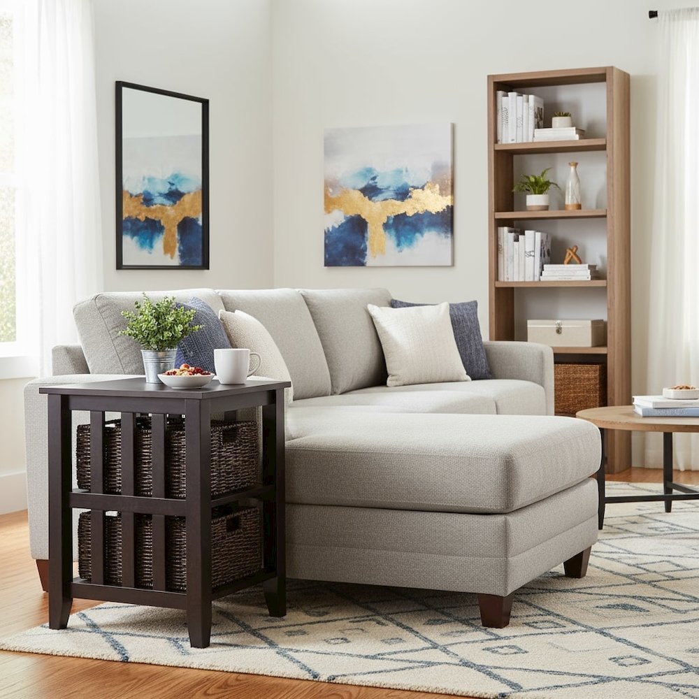 Wood Side Table with Foldable Baskets, Storage Shelf, Espresso. Picture 2