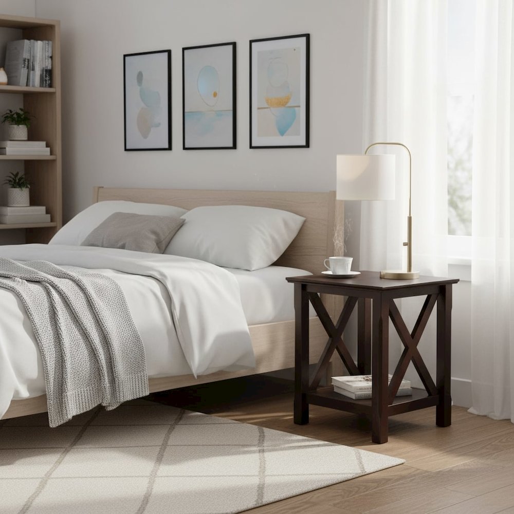 End Table, Brown X-Style Panels, Lower Shelf, Living Room Accent. Picture 2