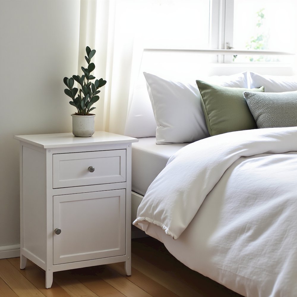 Farmhouse End Table With Storage in White Finish, Wooden Side Table And Drawer. Picture 2