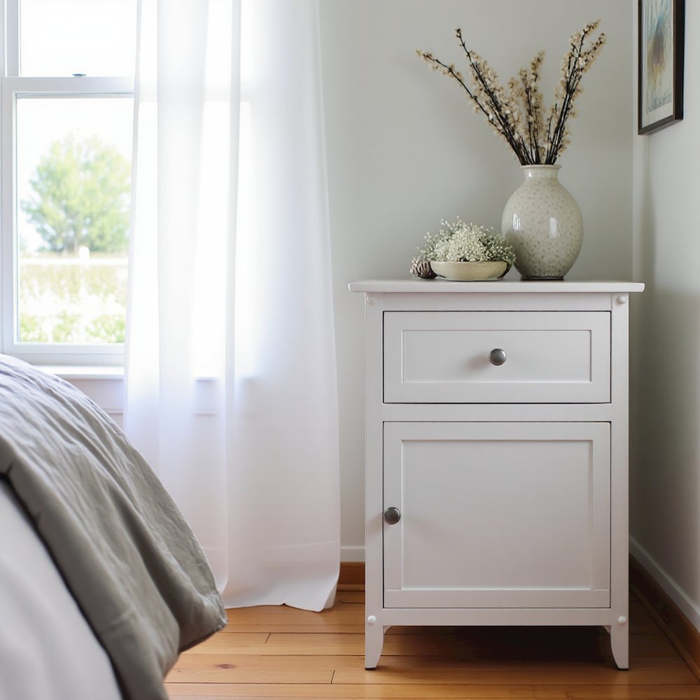 Farmhouse End Table With Storage in White Finish, Wooden Side Table And Drawer. Picture 3