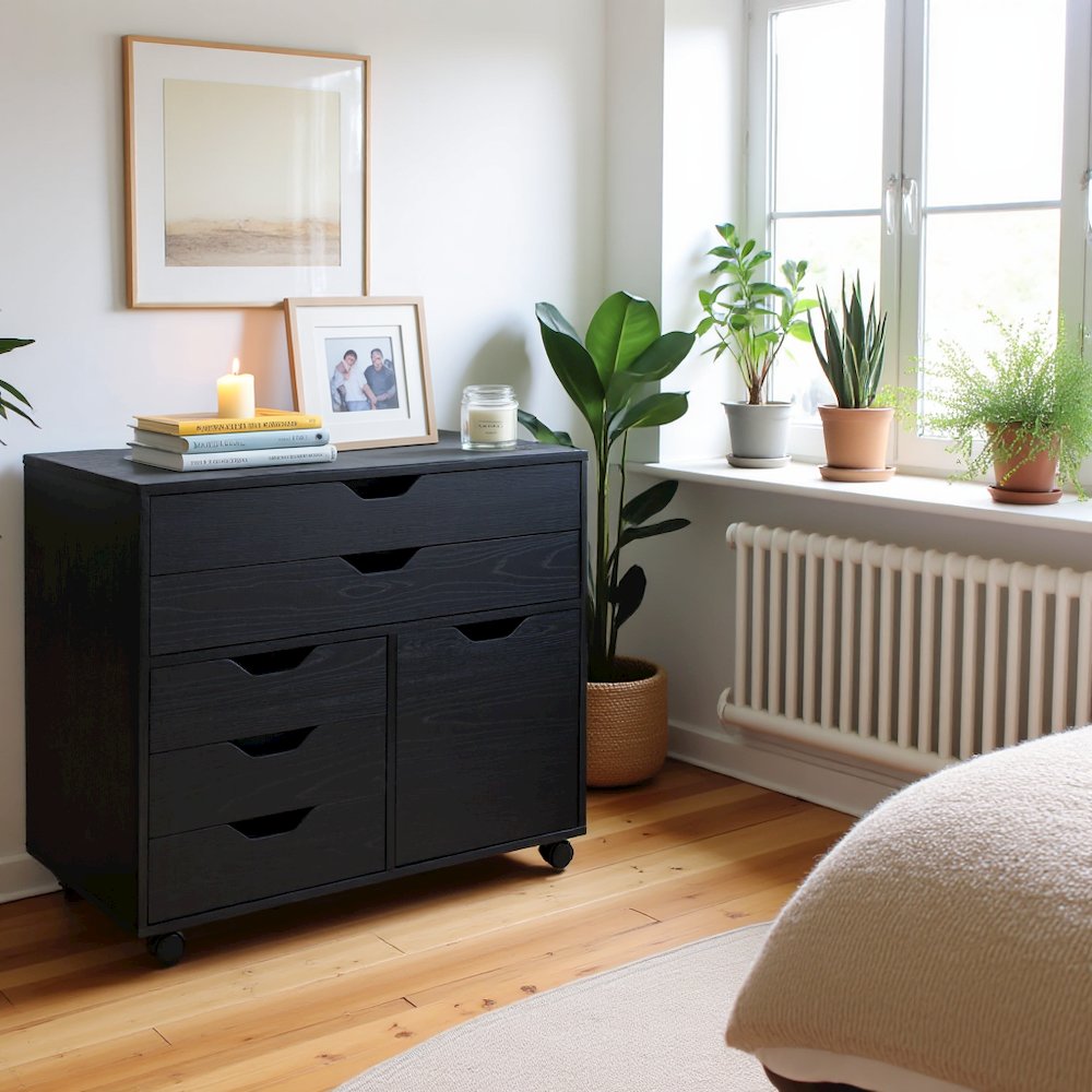 Black Office Storage Cabinet With Drawers, Storage Cabinet On Wheels. Picture 2