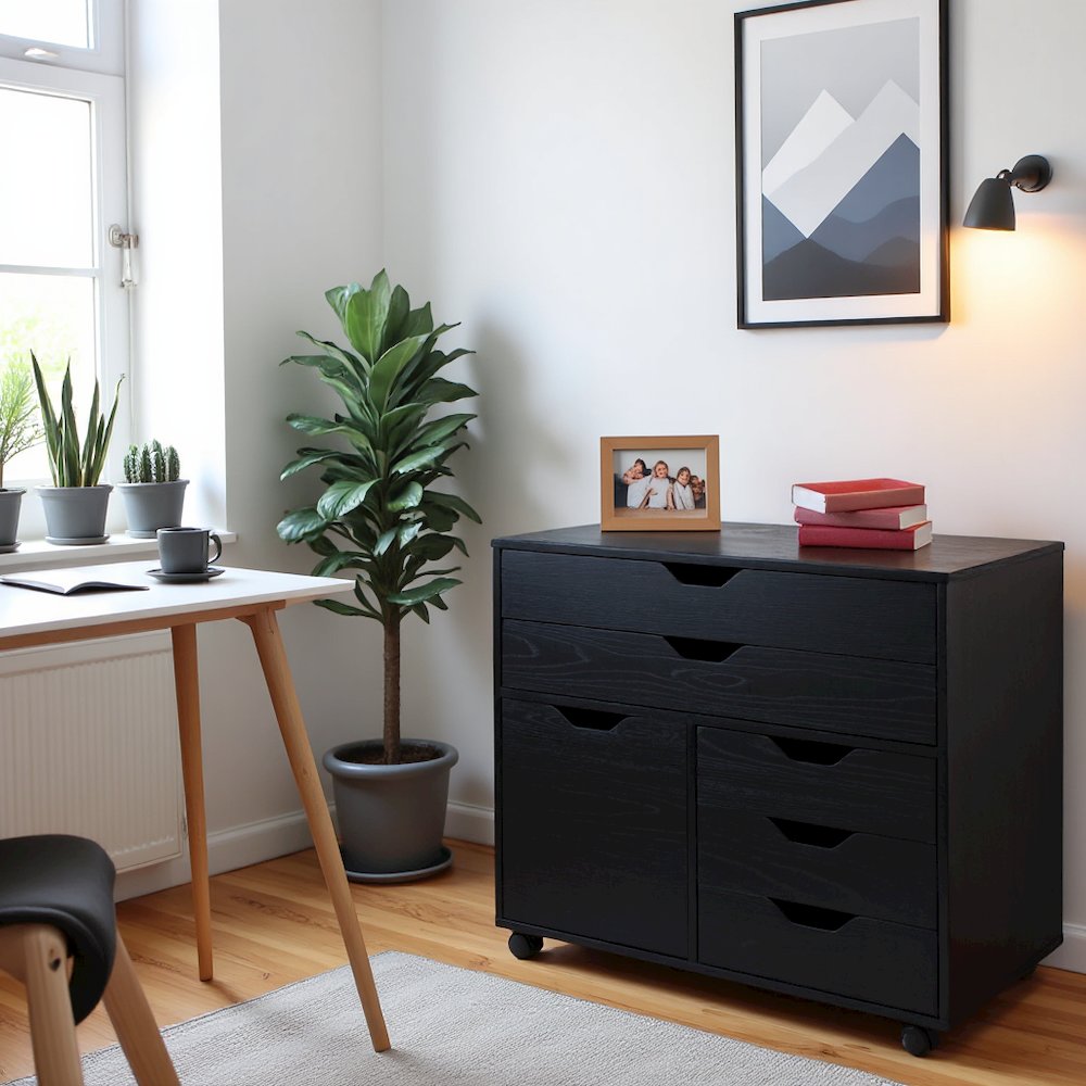 Black Office Storage Cabinet With Drawers, Storage Cabinet On Wheels. Picture 3