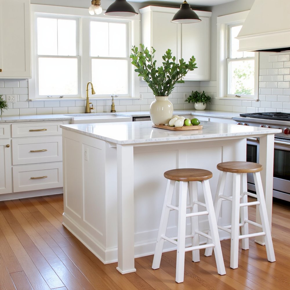 Natural & White Solid Wood Kitchen Stools Set of 2, Bar Chairs, Counter Seating. Picture 2