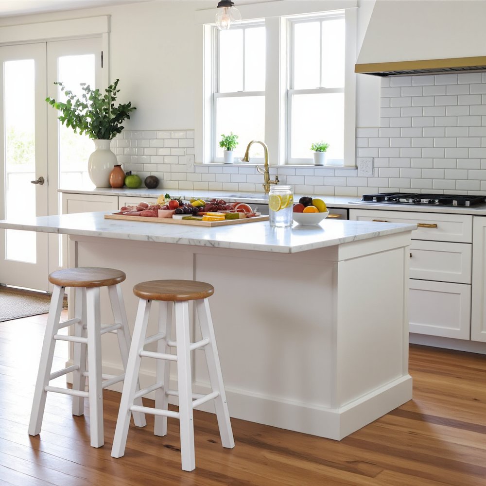 Natural & White Solid Wood Kitchen Stools Set of 2, Bar Chairs, Counter Seating. Picture 3
