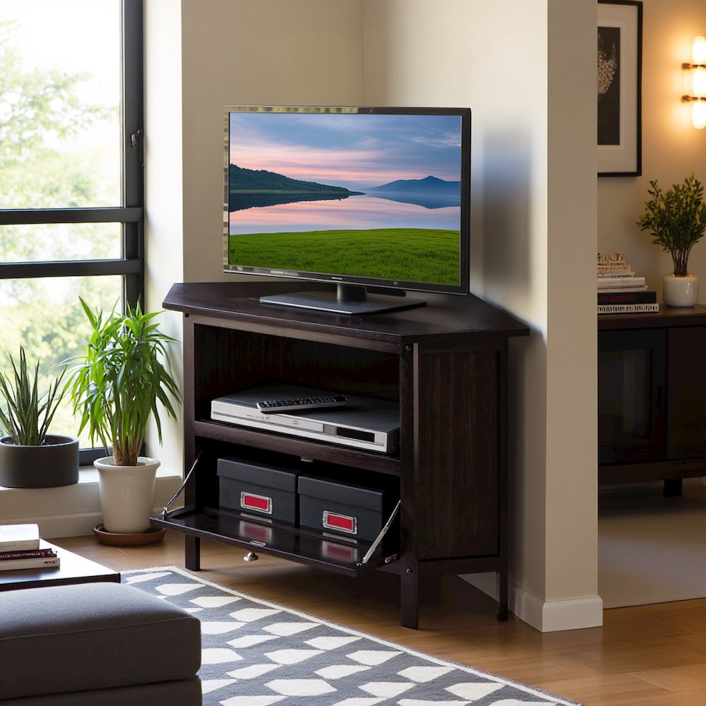 Solid Wood Corner TV Stand With Storage Flip Down Door And Open Shelf. Picture 2
