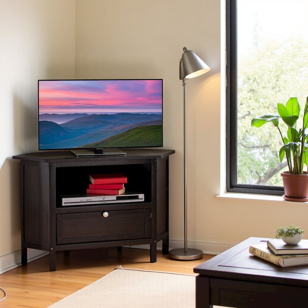 Solid Wood Corner TV Stand With Storage Flip Down Door And Open Shelf. Picture 3