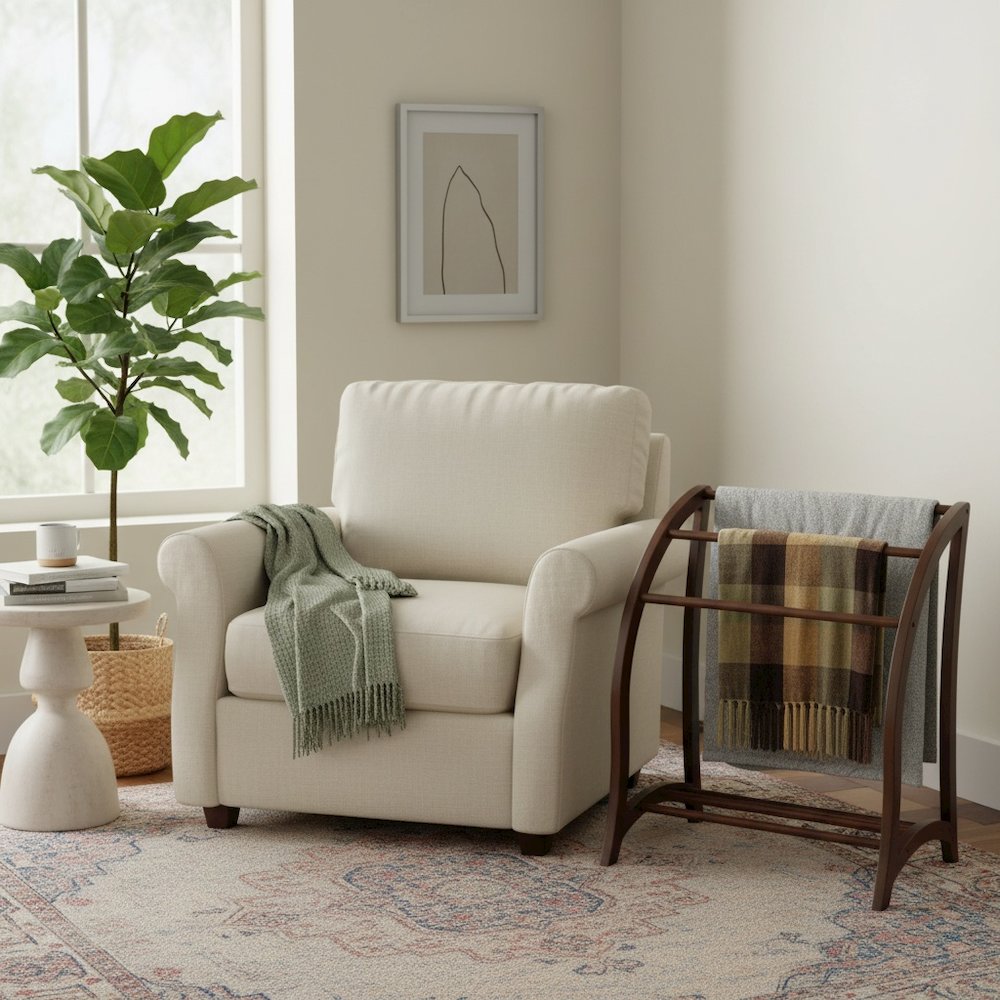 Solid Wood Blanket Rack Stand, Living Room Blanket Holder In Walnut Finish. Picture 2