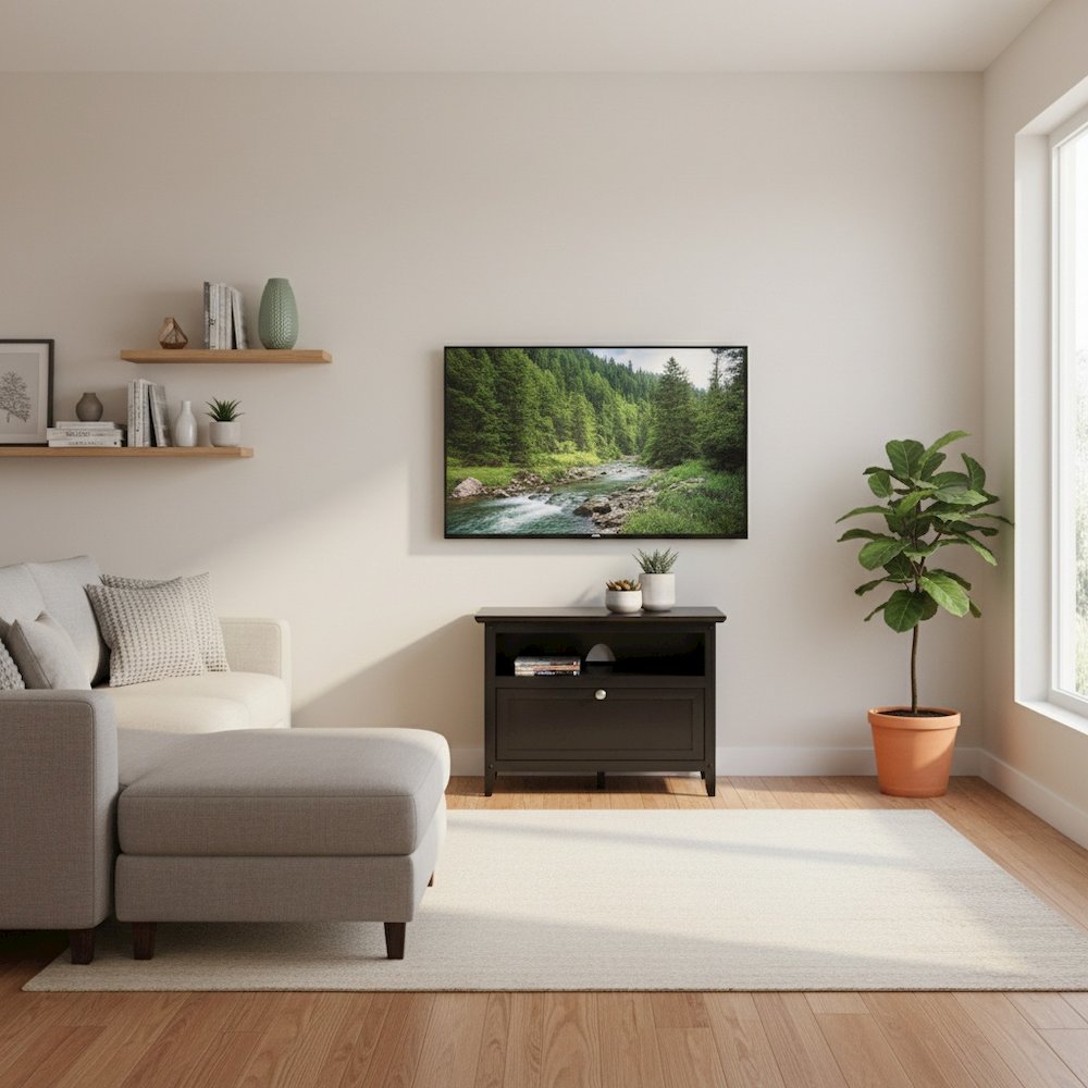 Small Wooden TV Stand With Shelf And Pull Down Door For Living Room. Picture 2