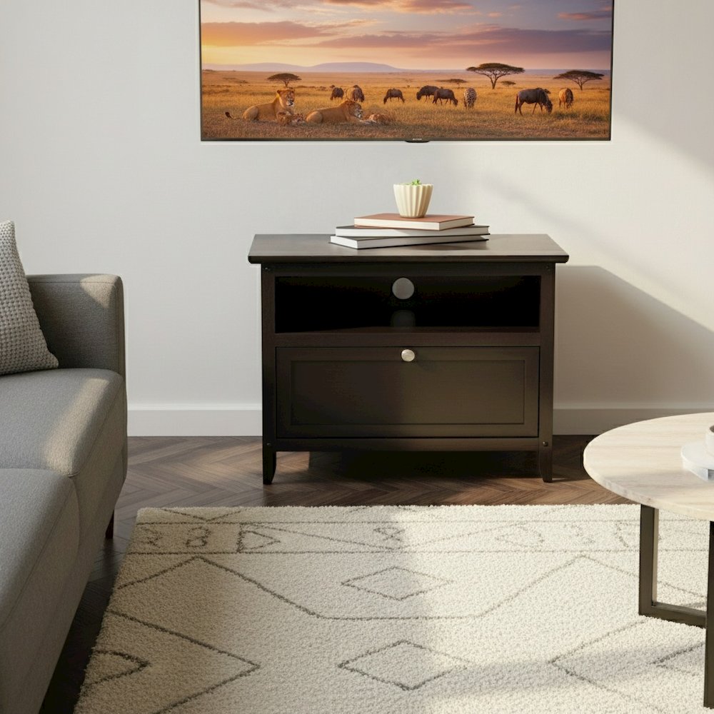 Small Wooden TV Stand With Shelf And Pull Down Door For Living Room. Picture 3