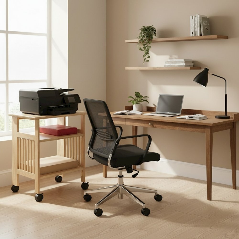 Solid wood computer desk with foldable keyboard tray, transitional style. Picture 2