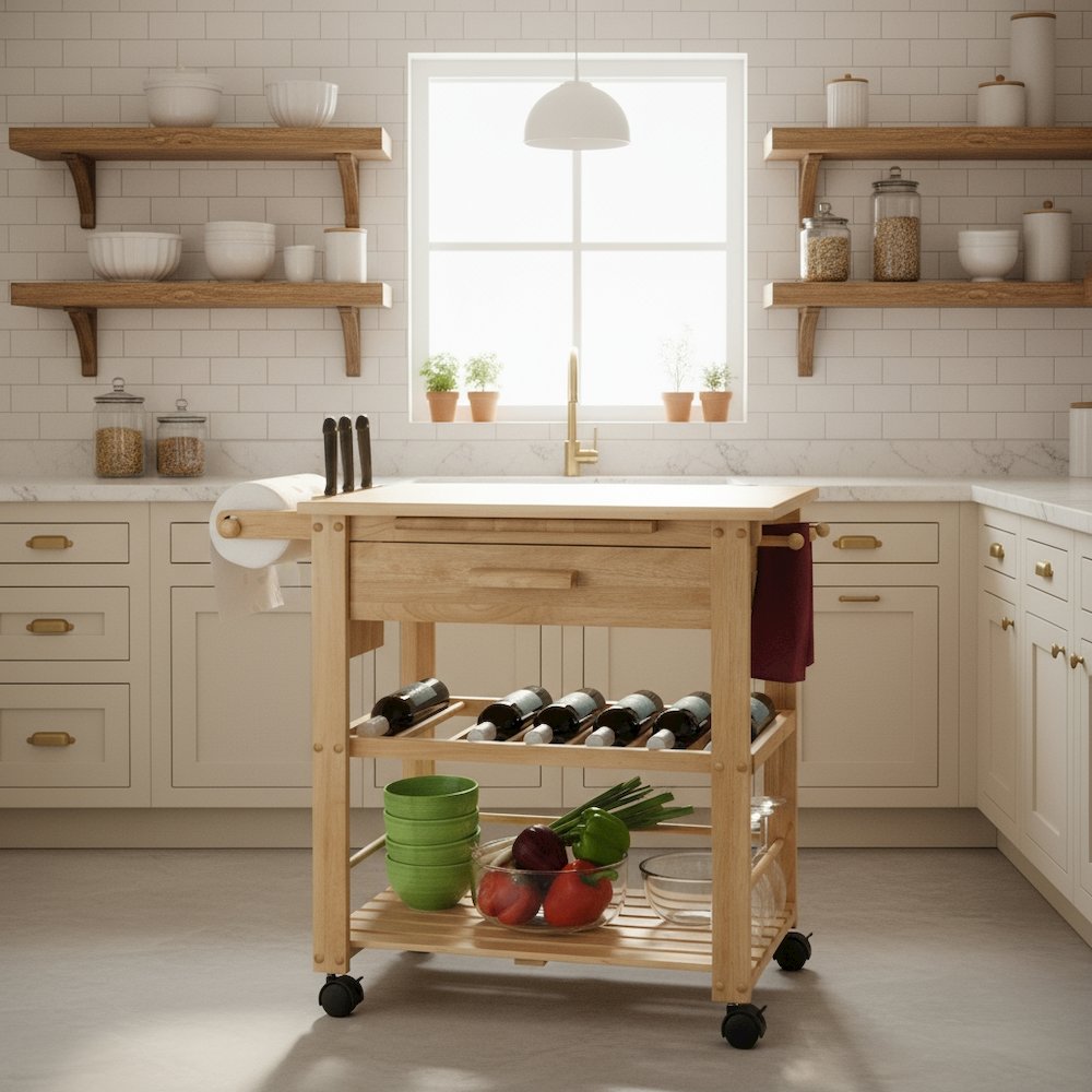 Solid Wood Mobile Utility Cart, Kitchen Storage Wine Rack, Brown. Picture 2