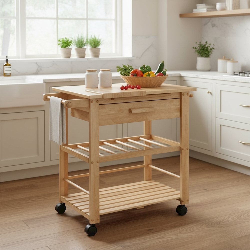 Solid Wood Mobile Utility Cart, Kitchen Storage Wine Rack, Brown. Picture 3