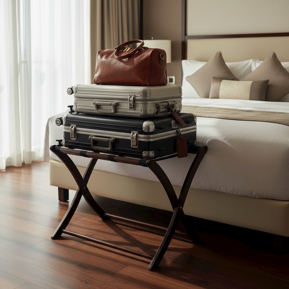 Foldable Luggage Rack, Solid Wood/Nylon Straps, Cappuccino. Picture 3