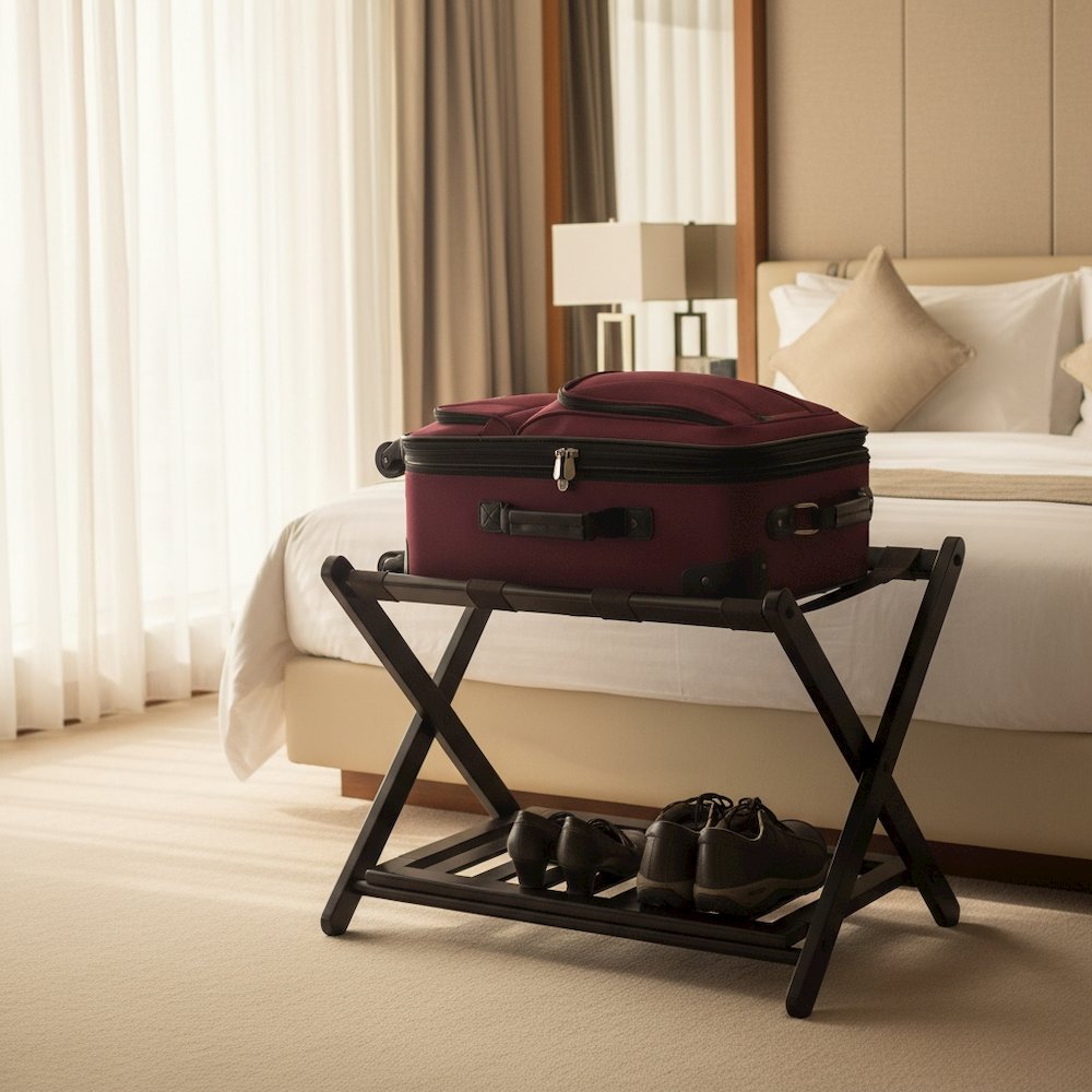 Foldable Luggage Rack with Shelf, Brown Nylon Straps, Slim Fold. Picture 2