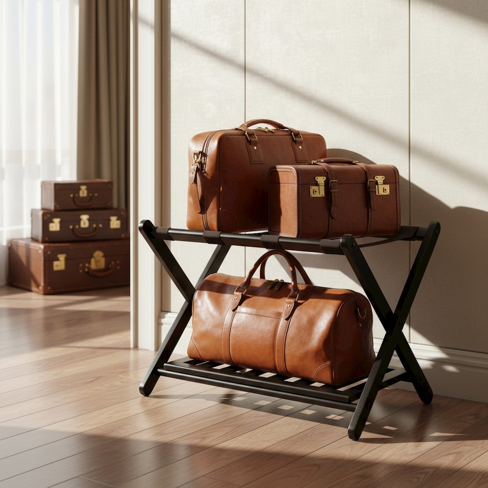 Foldable Luggage Rack with Shelf, Brown Nylon Straps, Slim Fold. Picture 3