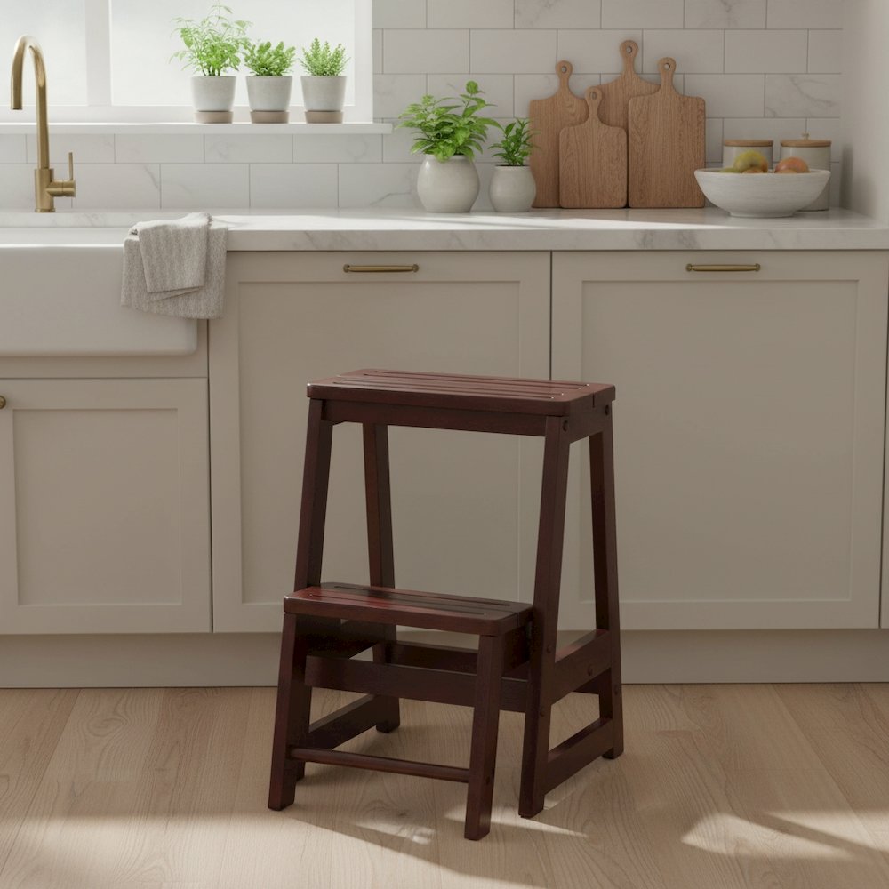 Solid Wood Two-Step Stool, Foldable Lower Step, Sturdy, Brown. Picture 3