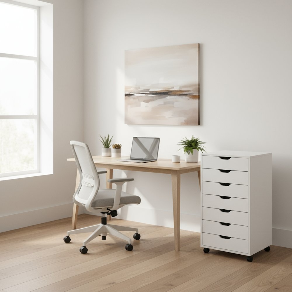White Cabinet, 7 Drawers, Casters, Mobile Closet Organizer, Office. Picture 3