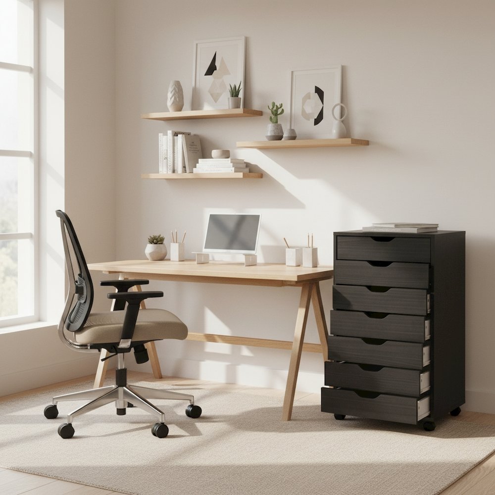 Composite Wood Rolling Storage Cabinet with Easy-Glide Drawers on Casters, Black. Picture 3
