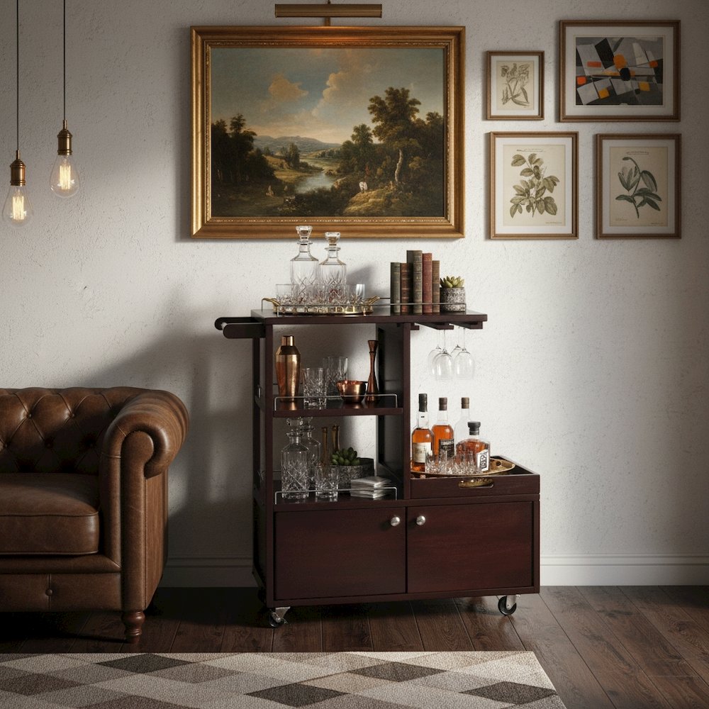 Wood Media Cart with Removable Tray, Adjustable Shelf, Cabinet Storage, Brown. Picture 3
