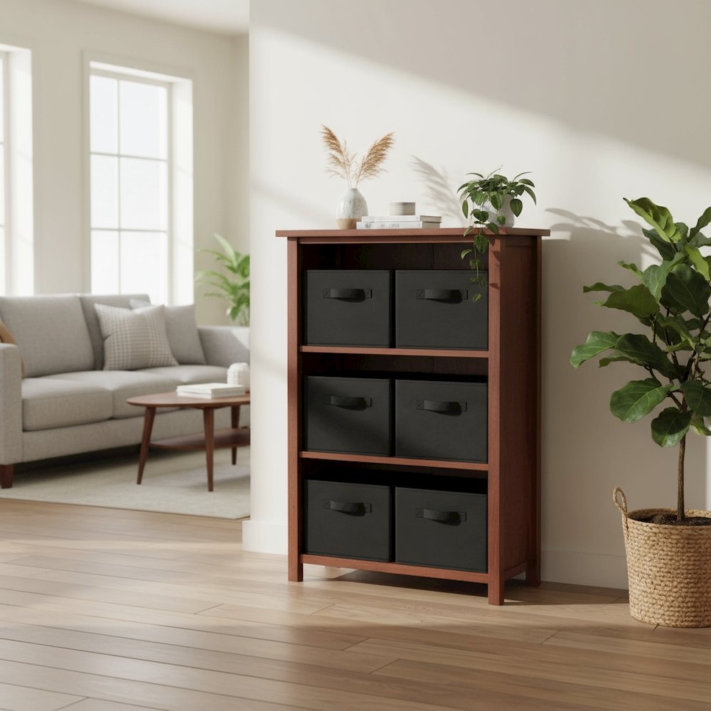 3-Section Storage Shelf with 6 Foldable Baskets, Walnut Finish. Picture 2