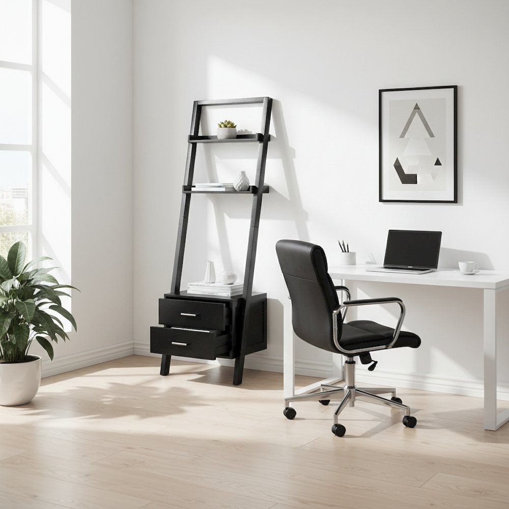 Black Leaning Shelf, Ladder Design, Storage Rack, Two Drawers. Picture 3