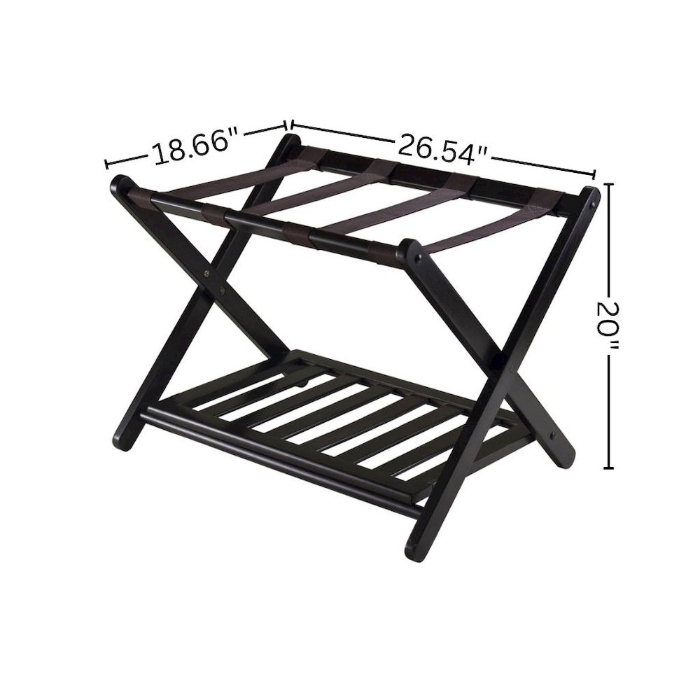 Foldable Luggage Rack with Shelf, Brown Nylon Straps, Slim Fold. Picture 5