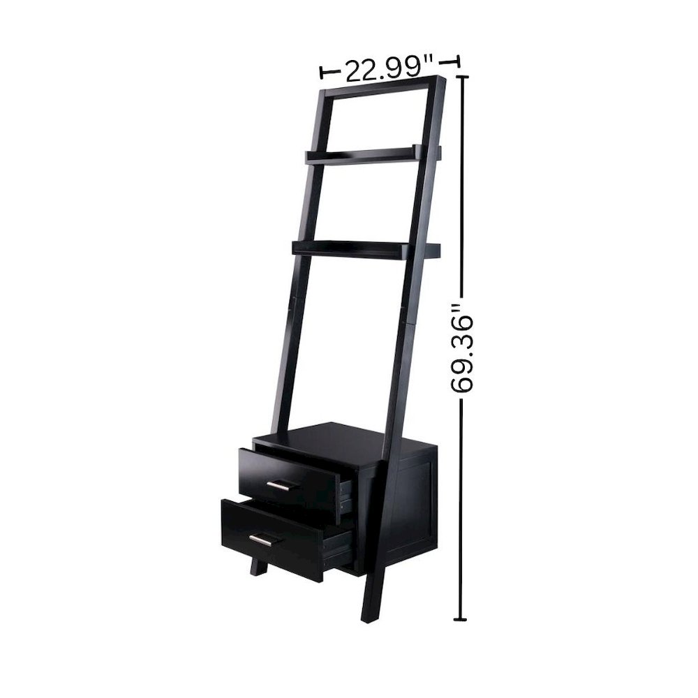 Black Leaning Shelf, Ladder Design, Storage Rack, Two Drawers. Picture 9