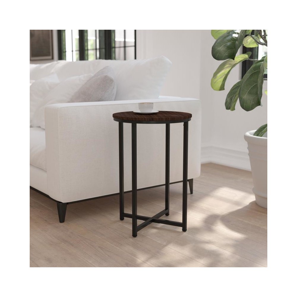 End Table - Modern Walnut Finish Accent Table with Crisscross Matte Black Frame. Picture 2