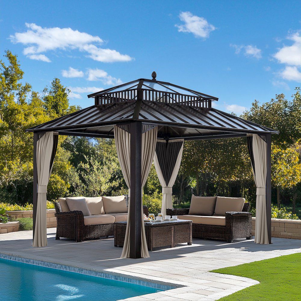 12 ft x 10 ft Hardtop Gazebo with Steel & PC Roof, Brown Aluminum Frame. Picture 2
