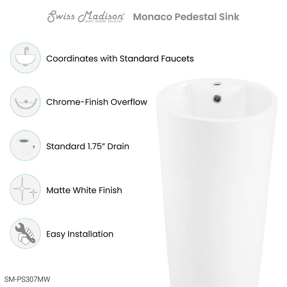 Monaco Circular Basin Pedestal Sink in Matte White. Picture 4
