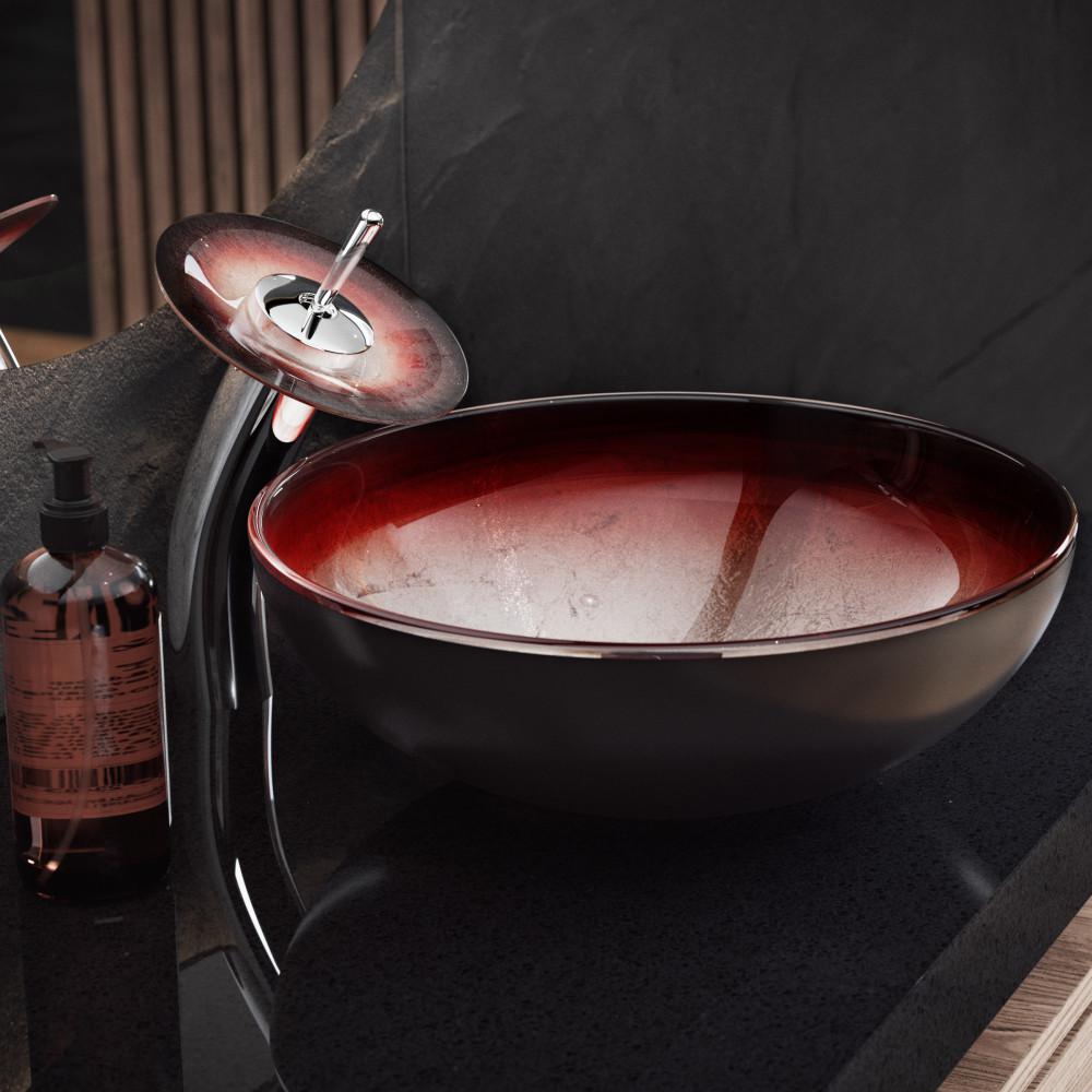 Cascade 16.5 Glass Vessel Sink with Faucet, Ember Red. Picture 2