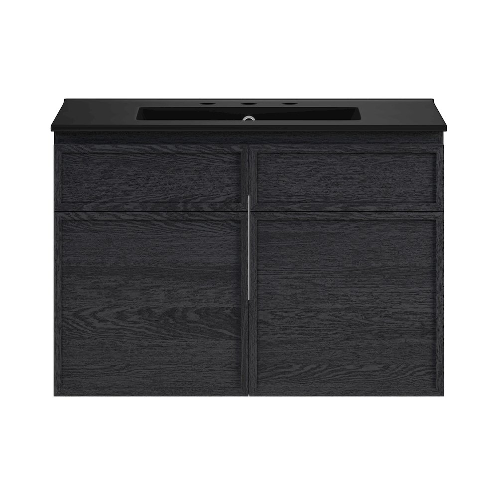 30" Wall-Mounted Bathroom Vanity in Black Oak with Black Widespread Sink Top. Picture 1