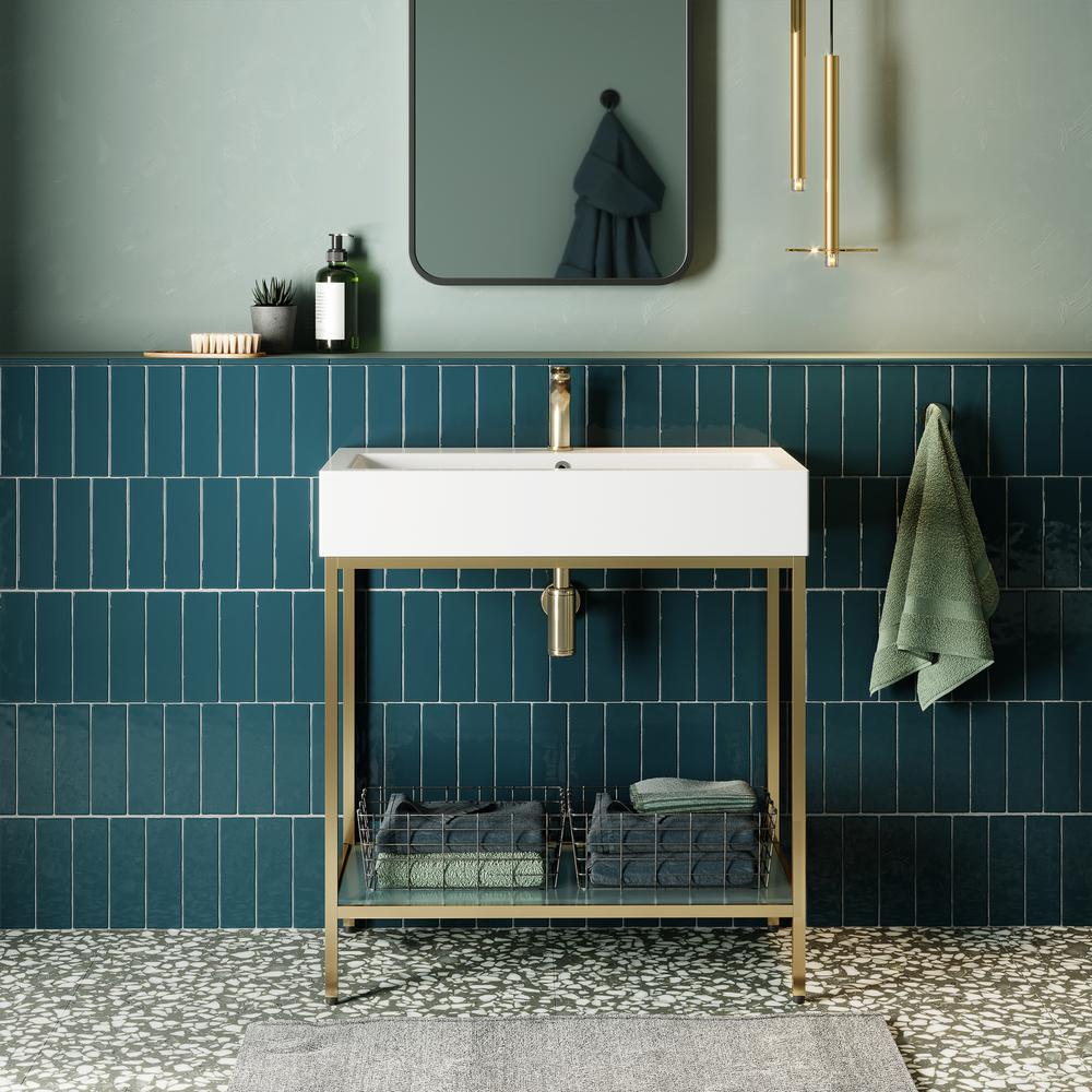 Pierre 32 Single, Freestanding, Open Shelf, Gold Metal Frame Bathroom Vanity. Picture 19