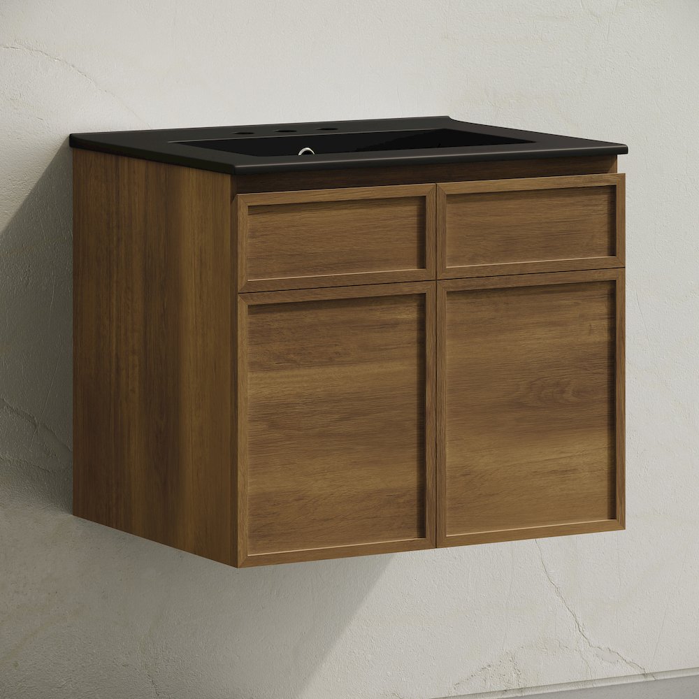 24" Wall-Mounted Bathroom Vanity in Brown Oak with Black Widespread Sink Top. Picture 2