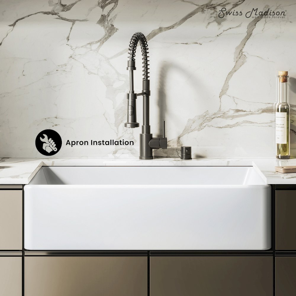Elegance 33" x 20" Single Basin Fireclay Farmhouse Kitchen Sink in Glossy White. Picture 5