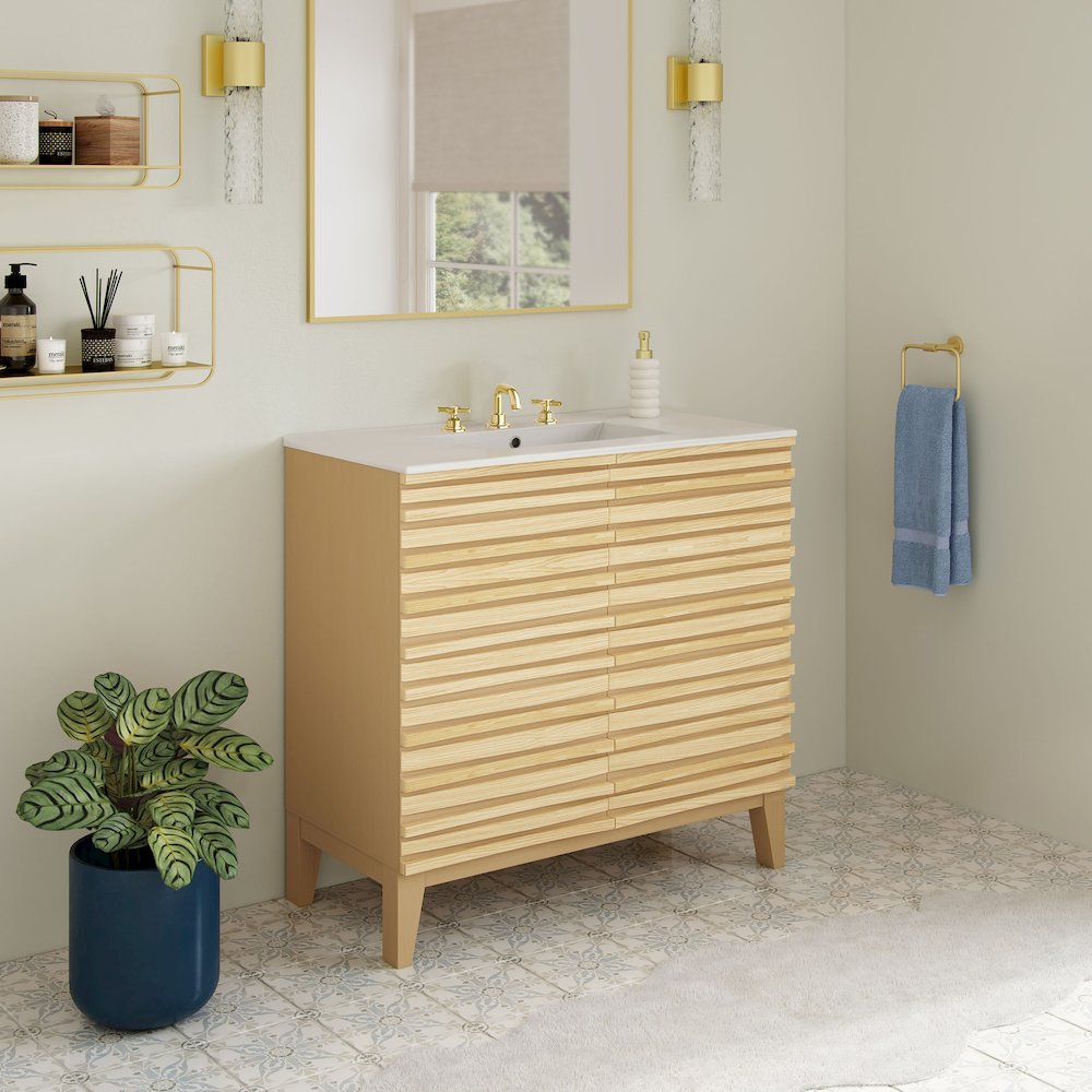 30" Freestanding Bathroom Vanity in Natural Oak with 3-Hole Widespread Sink Top. Picture 6