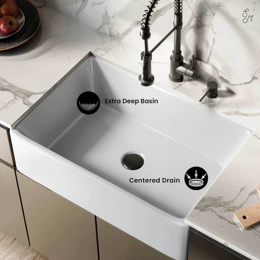 Elegance 30" x 20" Single Basin Fireclay Farmhouse Kitchen Sink in Glossy White. Picture 6