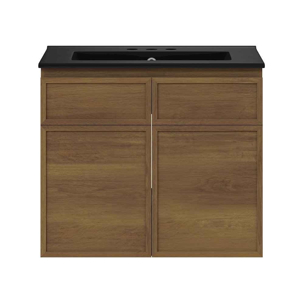 24" Wall-Mounted Bathroom Vanity in Brown Oak with Black Widespread Sink Top. Picture 1