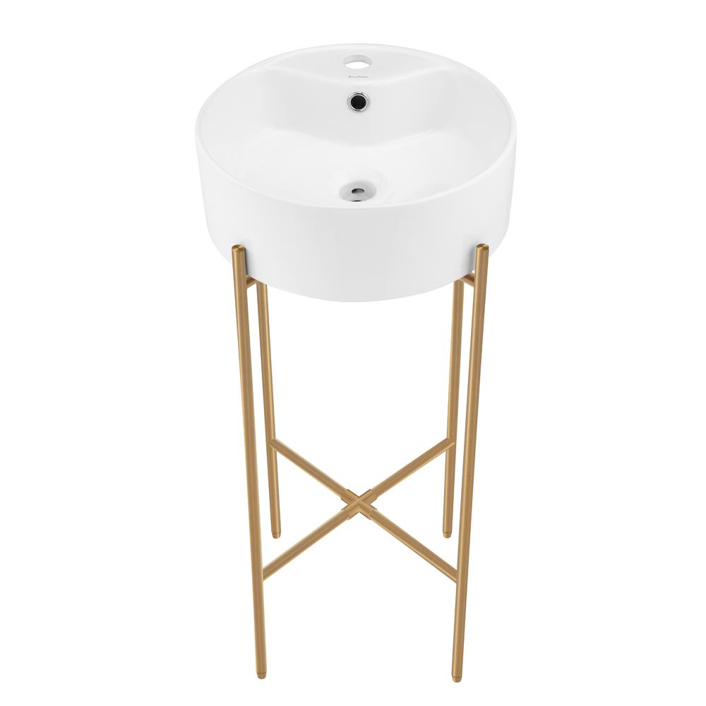 15.75" Round Console Sink with Faucet Mount, White Basin Brushed Gold Legs. Picture 1