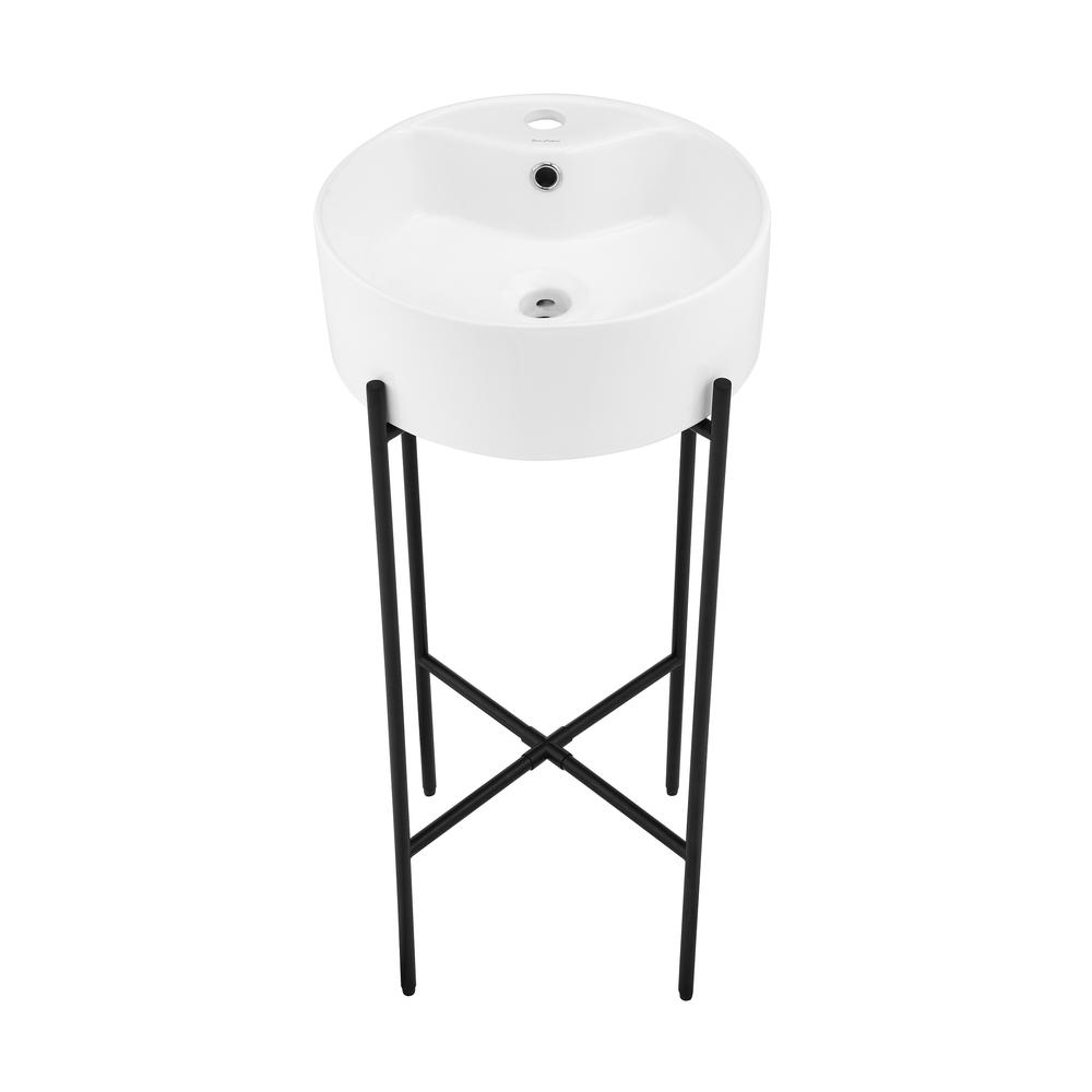 Round Console Sink with Faucet Mount, White Basin Matte Black Legs. Picture 1