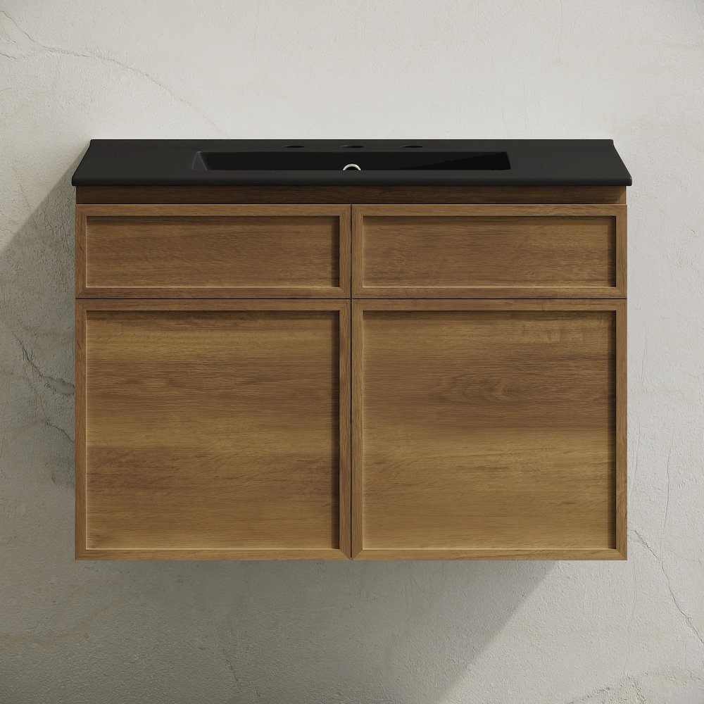 30" Wall-Mounted Bathroom Vanity in Brown Oak with Black Widespread Sink Top. Picture 5