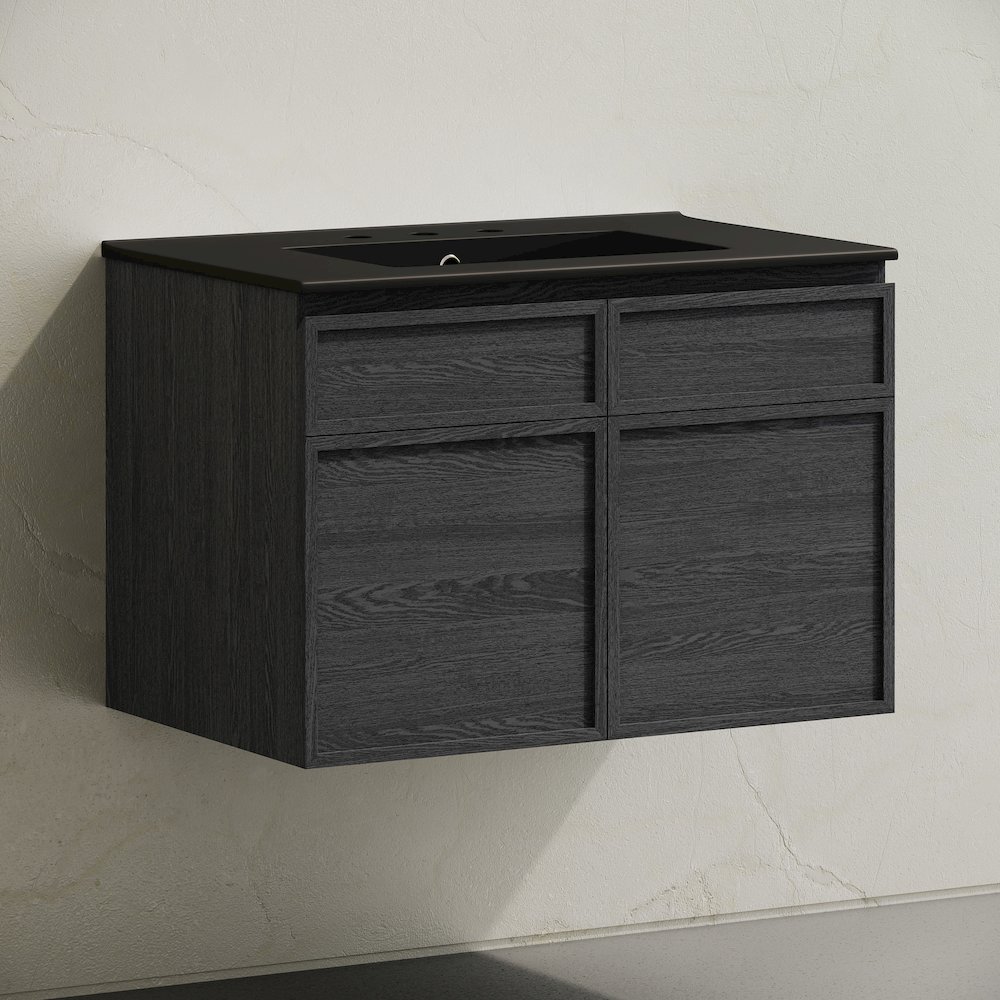 30" Wall-Mounted Bathroom Vanity in Black Oak with Black Widespread Sink Top. Picture 2