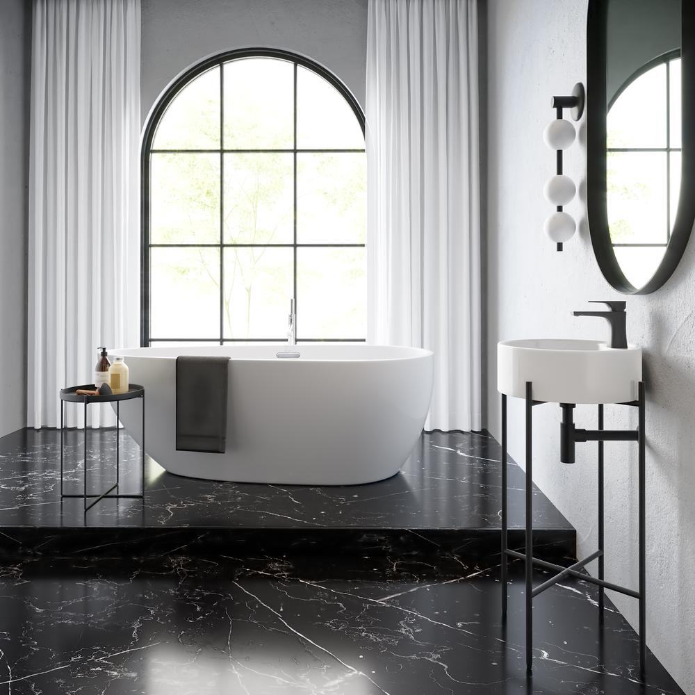 Round Console Sink with Faucet Mount, White Basin Matte Black Legs. Picture 19