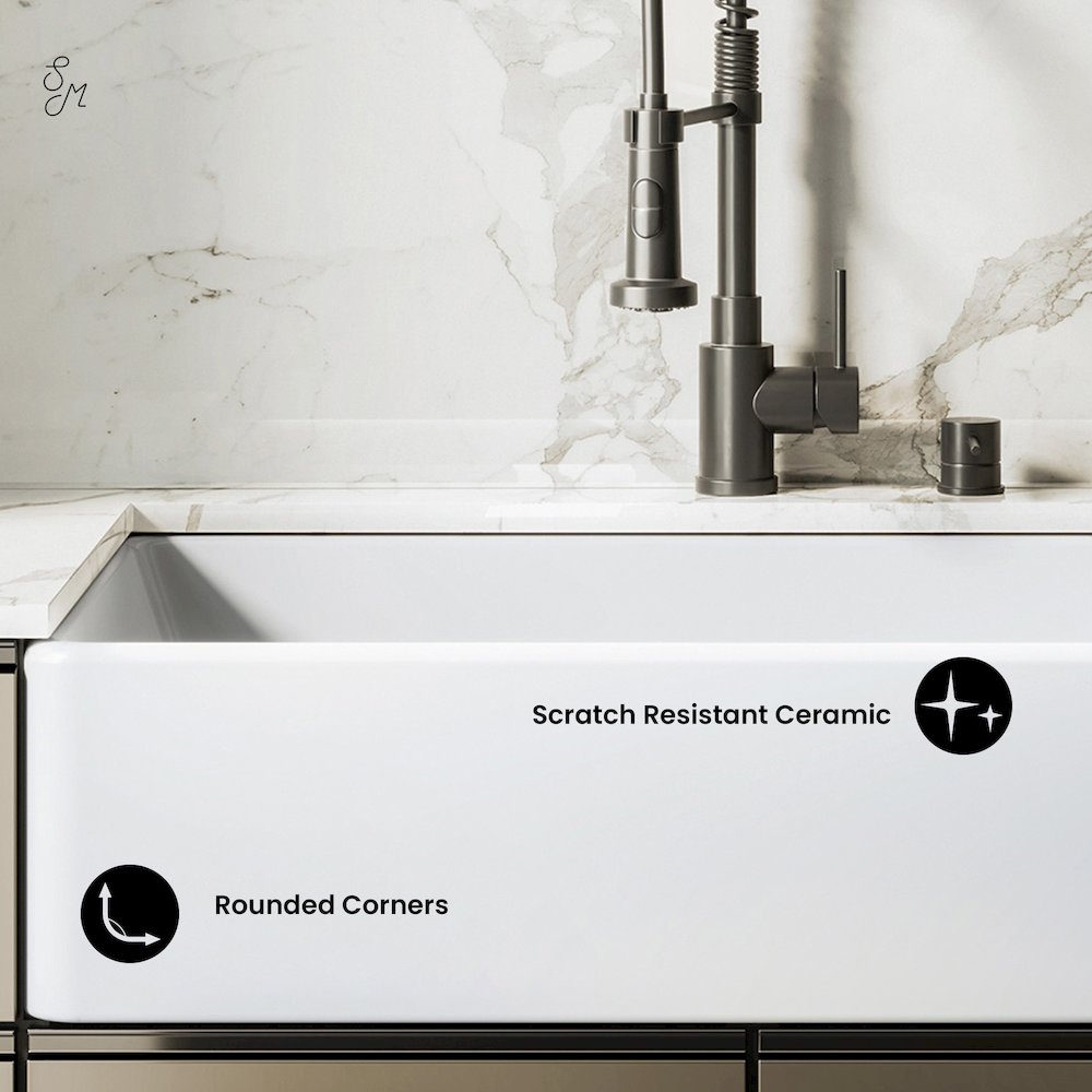 Elegance 33" x 20" Single Basin Fireclay Farmhouse Kitchen Sink in Glossy White. Picture 7