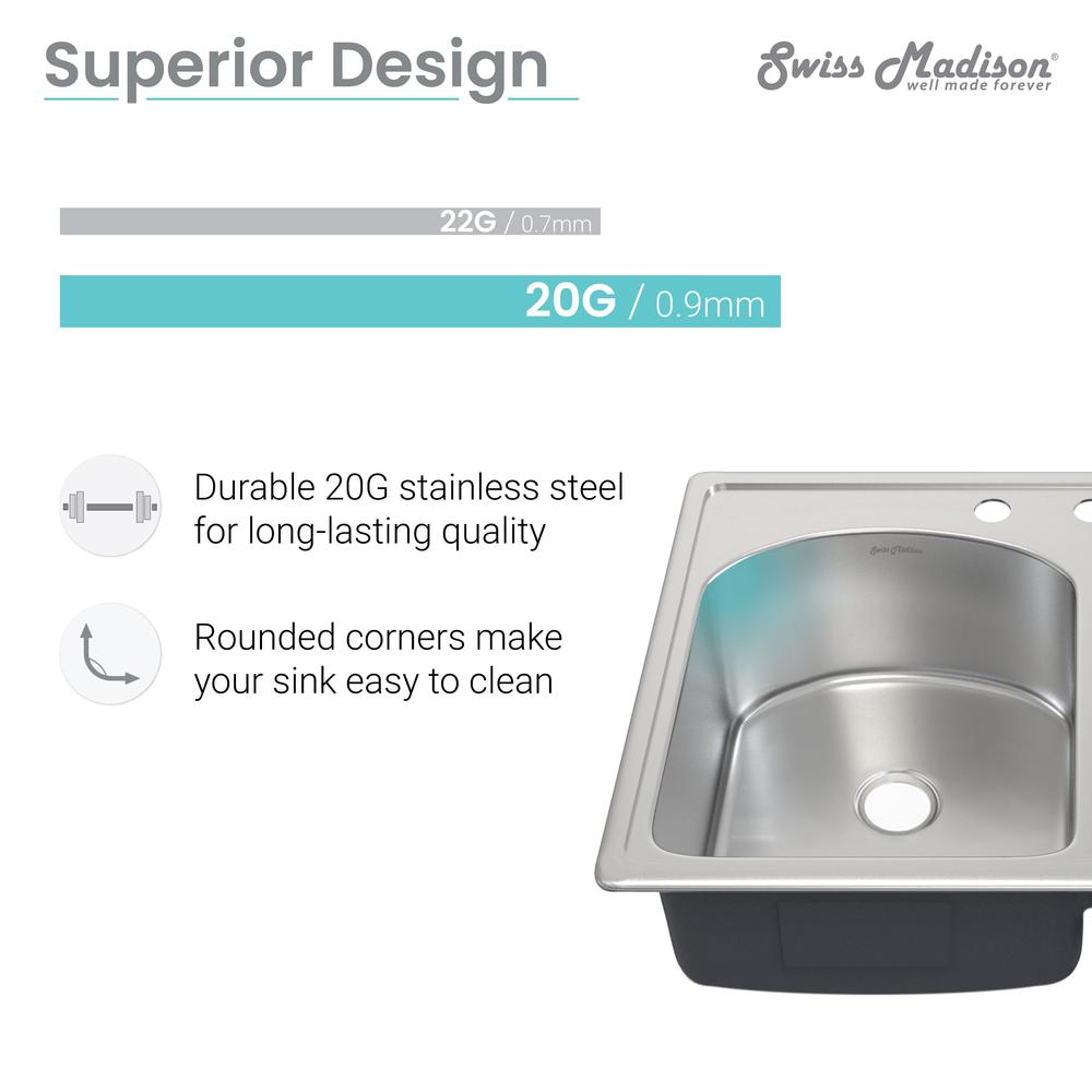 Ouvert 33 x 22 Stainless Steel, Dual Basin, Top-Mount Kitchen Sink. Picture 6