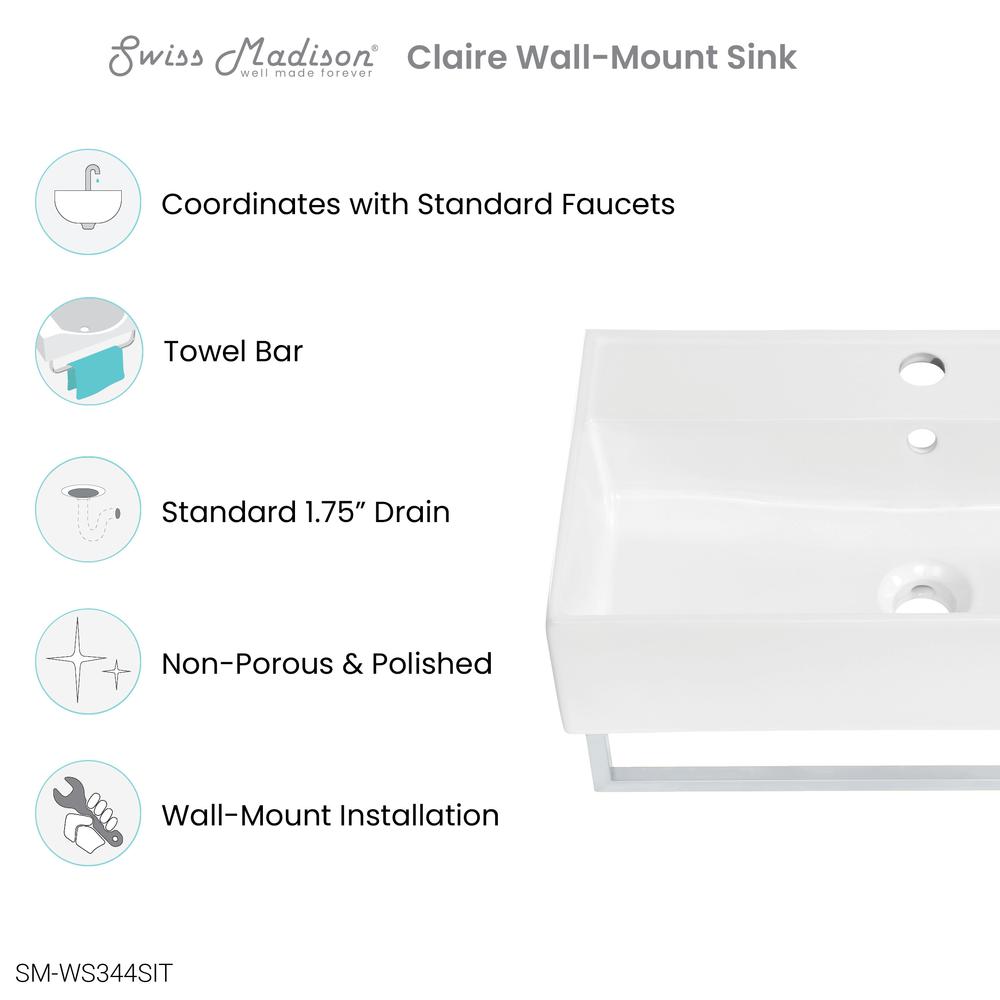 Claire 22" Wall-Mount Bathroom Sink with Silver Towel Bar. Picture 11