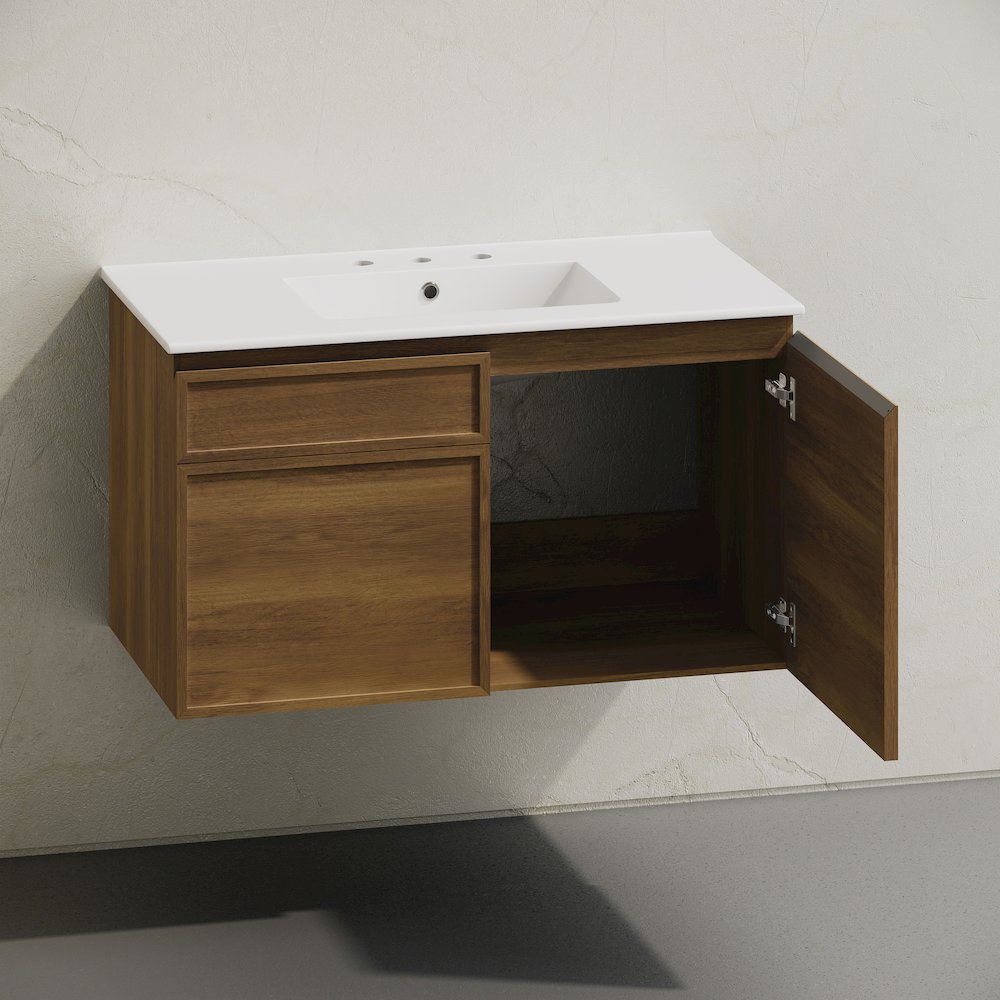 36" Wall-Mounted Bathroom Vanity in Brown Oak with 3-Hole Widespread Sink Top. Picture 4
