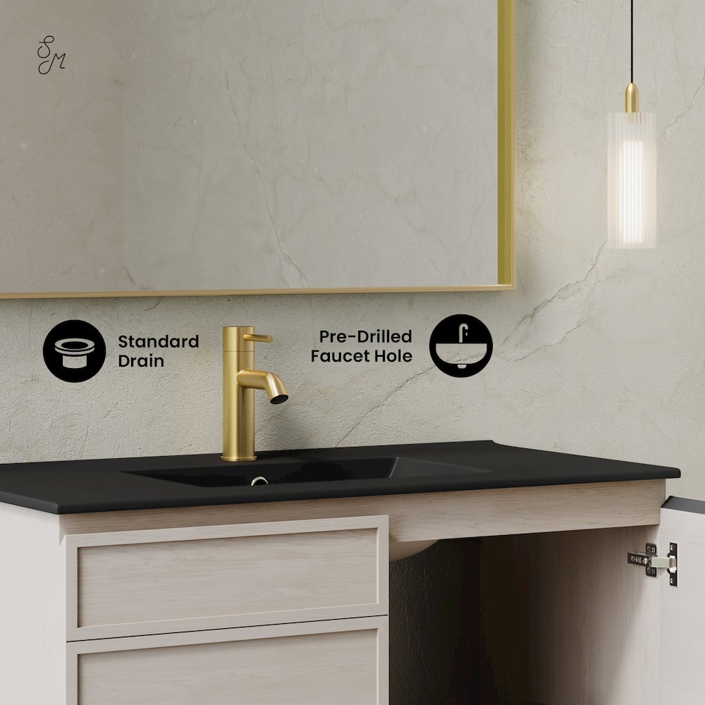 St. Tropez 36" Wall-Mounted Bathroom Vanity in White Oak with Black Sink Top. Picture 10